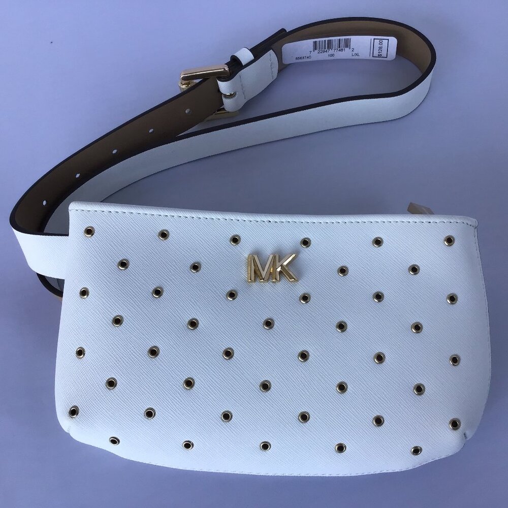 MICHAEL KORS White Grommet Gold Logo Adjustable Fanny Bag Belt